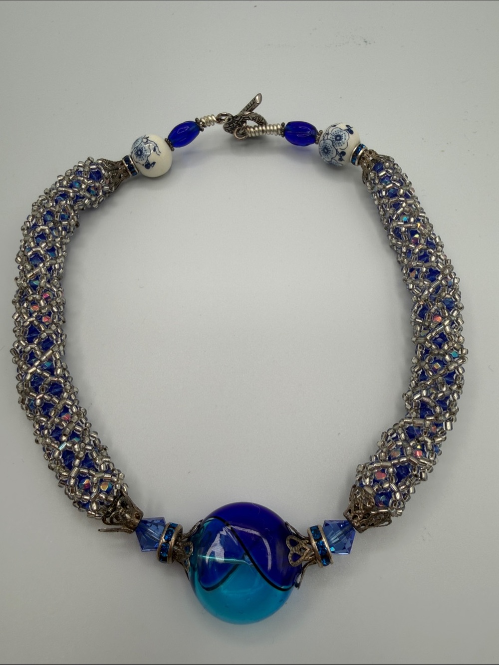 Artisan Blue Chinoiserie Porcelain & Art Glass Statement Choker
